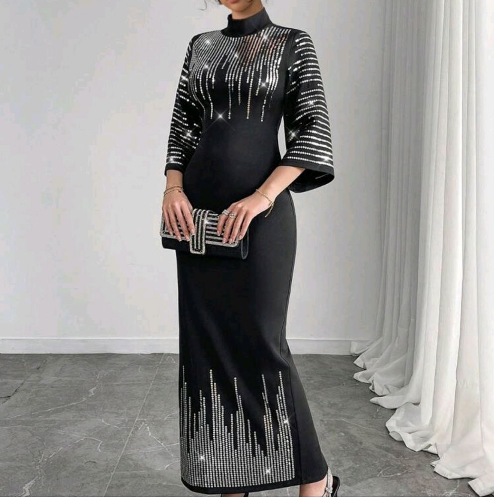 Elegant & Sexy Beaded Black Long Sleeve Dress For Women - Picture 4 of 4